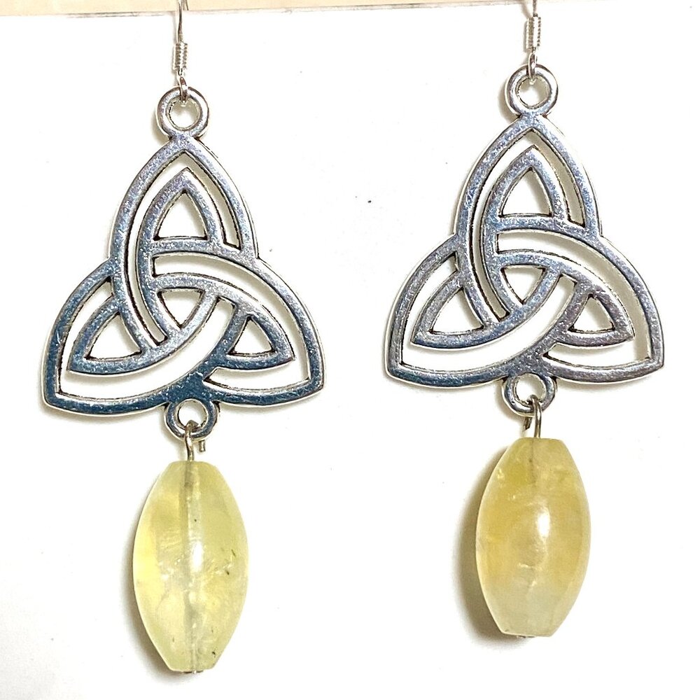 2/$20, Genuine Yellow Green Prehnite Triqueta Sterling Silver Dangle Earrings